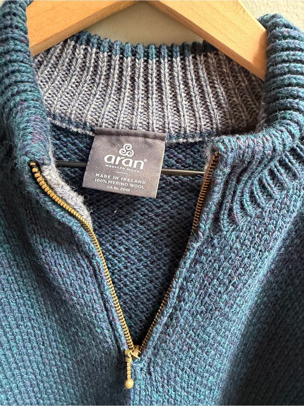Aran Sweater Market 100% Merino Wool Zip Up Sweater Teal Blue Size XL - Picture 3 of 9